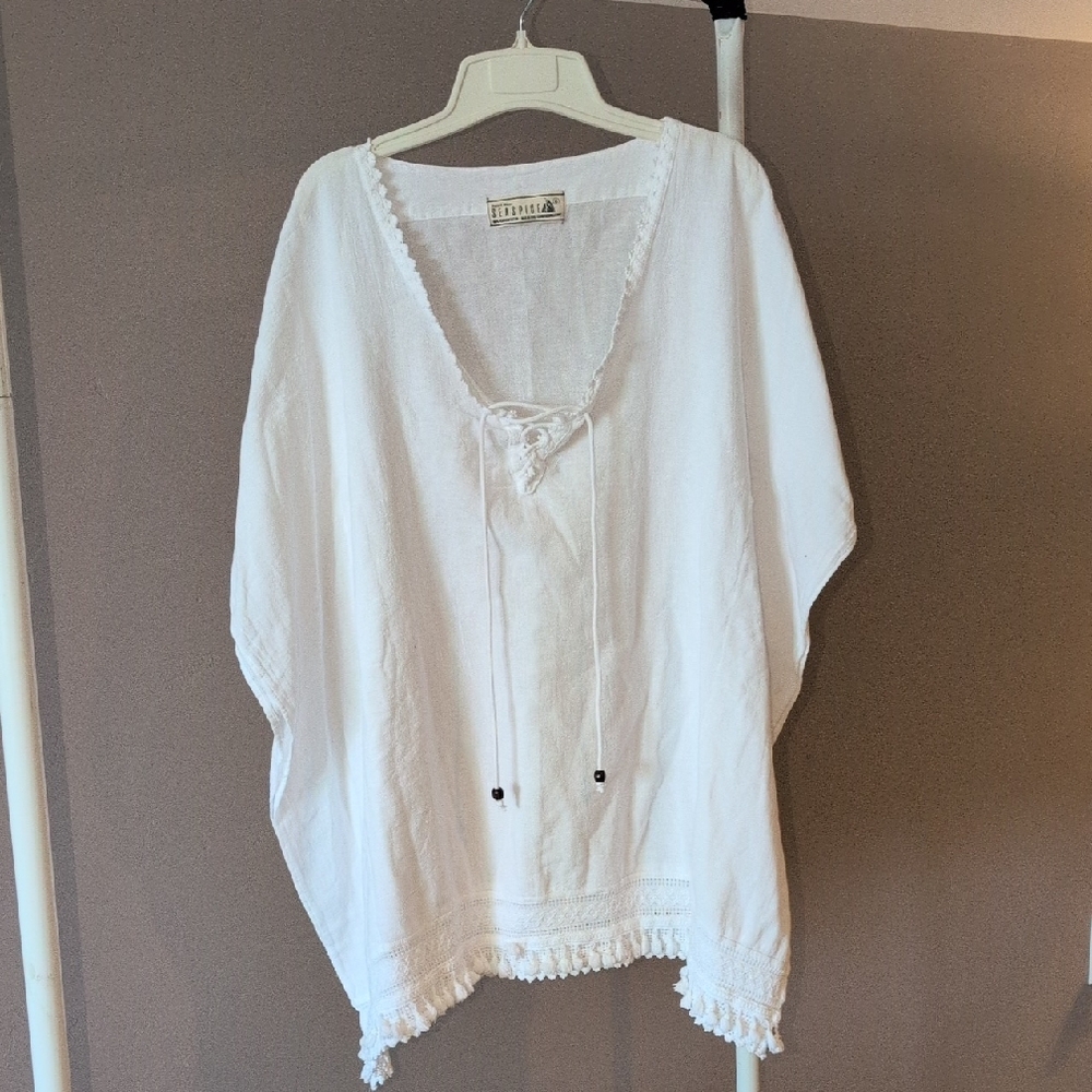 White Poncho Peruvian Cotton Cover Up Resort Wear By Sea Spice Small